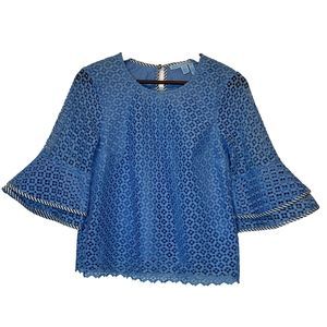 Draper James Size 4 Top Lattice Double Bell Sleeve Blue White Lace Sheer Easter